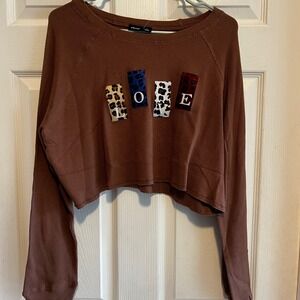 Brown Love Waffle Knit Long Sleeve Cropped Top Trendy Animal Print Cute Size L